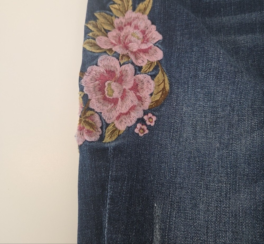 Grace in LA Dark Blue Skinny Jeans Pink Floral Embroidery Distressed Style - Picture 13 of 13